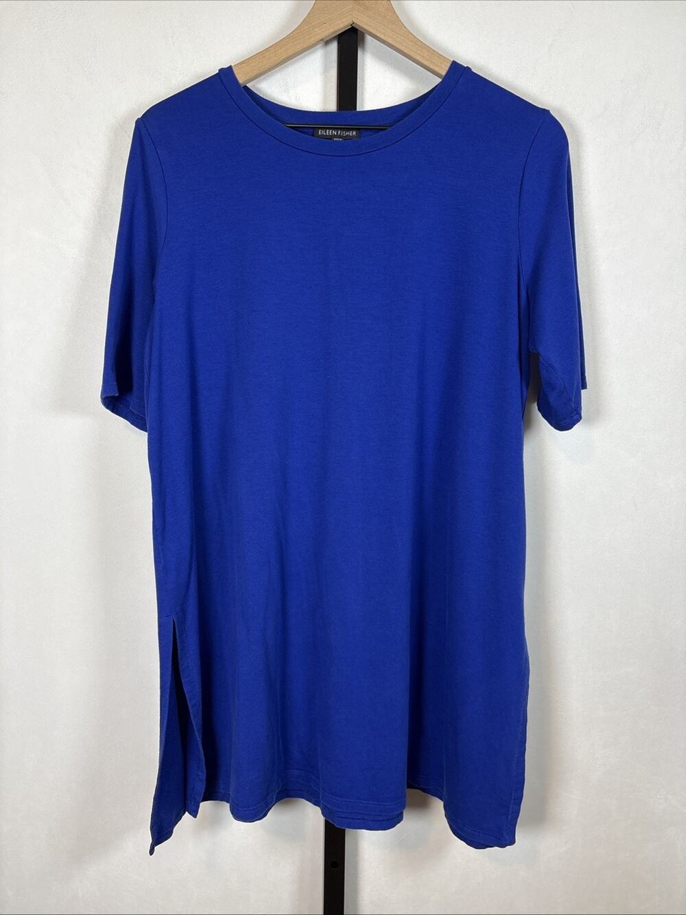 Eileen Fisher Tencel Tunic Top Womens Large Blue Jersey Stretch Side Slits Flowy